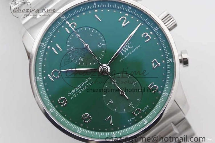 MIROTIME 1223 FastDry Portugieser Chronograph IW371615 ZF Best Edition Green Dial on SS Bracelet A7750 (Slim Movement) 7038